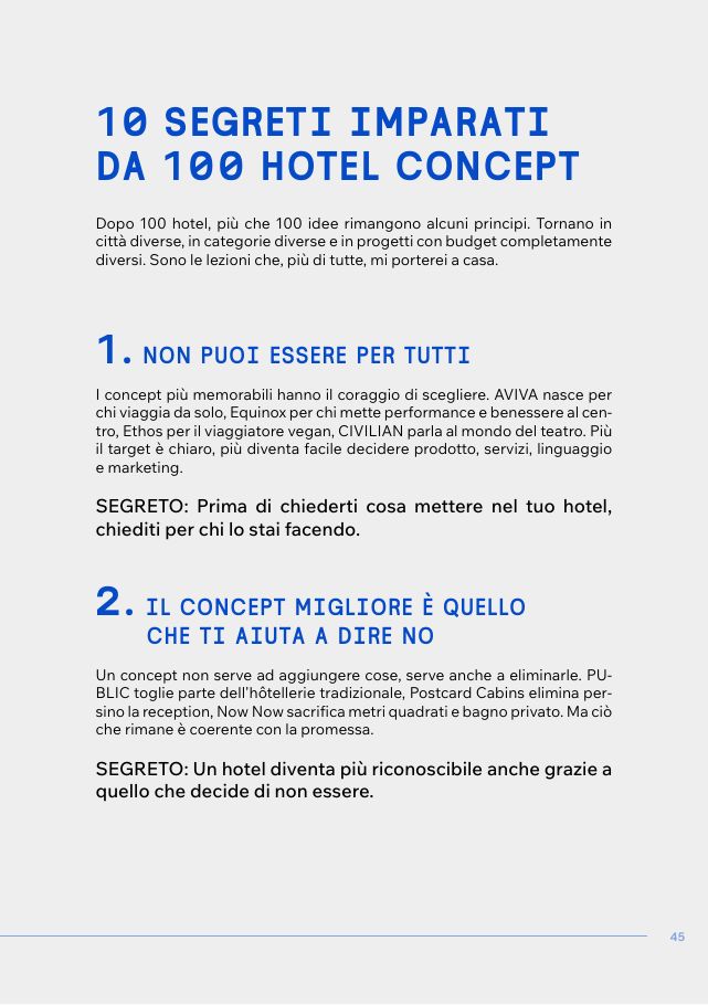Pagina dei 10 segreti imparati da 100 hotel concept